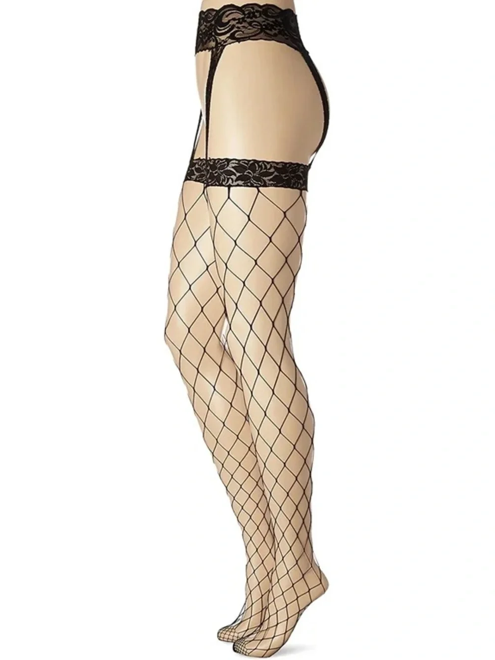 Music Legs Black Diamond Fishnet Thigh-High Stockings with Lace Top